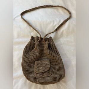 The Sak Boho Chic Crochet Drawstring Backpack Tan Khaki Bucket Bag Purse